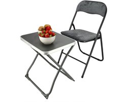 Campingstoel met Inklapbare Tafel en Fluwelen Klapstoel – 2-in-1 Opvouwbare Kruk & Campingtafel – Compacte Bijzettafel voor Camping, Caravan, Balkon, Slaapkamer en Thuis