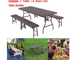 Campingtafel-Draagbare Opvouwbare Tafel + 2 Banken Set HDPE Plastic Plaat + Stalen Frame Buiten Waterdicht Voor Tuinfeest Picknick BBQ