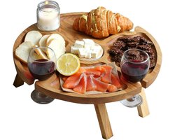 Campingtafel Houten Wijntafel voor Buiten - Opvouwbare Picknicktafel met Glazen Houder - Tuin en Strand Diner - 2-in-1 (30x16cm)
