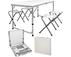 Campingtafel Inklapbaar met 4 Krukjes - 120 x 60 CM - In Hoogte Verstelbaar - Incl. handvat