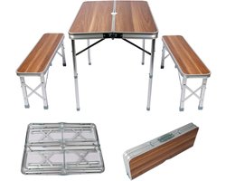 Campingtafel met twee banken aluminium koffertafel 90x66x70 cm inklapbaar zitgroep houten design