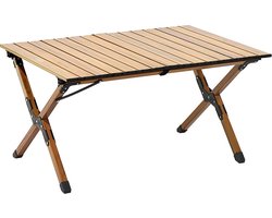Campingtafel, middelhoog, volledig van aluminium met houtprint, oprolbaar blad, lichtgewicht en compact, 4-persoons