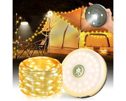 Campingverlichtingssnoer - Buitenverlichtingssnoer - 8 verlichtingsstanden - Oplaadbaar campingverlichtingssnoer - 2-in-1 - Waterdicht en draagbaar - Opbergbaar - USB-kampeerlampje - Geschikt voor kamperen, tuin, feestdecoratie - 10m lichtsnoer
