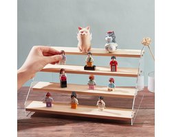 Candala 4-traps acryl displaystandaard, houten displaystandaard met transparant displayrek voor parfum en modellen, geschikt voor ambachtelijke tentoonstellingen, opslag en verzameling, 30 x 21,4 x