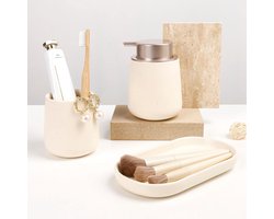 Candala Badkamerset, badkameraccessoires, 3 - delige accessoires, bevat 350 ml zeepdispenser, 320 ml tandenborstelbeker en zeepbakje, geschikt voor badkamer, wastafel (beige vloeibare zeepdispenser)