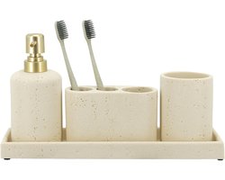 Candala Beige badkamer accessoires set 4 stuks - tandenborstel houder, zeepdispenser, ijdelheid lade, badkamer beker - aanrecht ijdelheid organizer - badkamer accessoire set- tandenborstel houder set