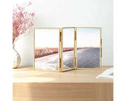 Candala fotolijst voor 3 foto's - Drieluik voor foto's 10 x 15 cm -Staand fotolijstje - Inklapbaar - 33,9 x 11 cm - Met goudkleurige lijst - Maat S
