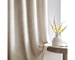 Candala Gordijnen met plooiband, beige, linnenlook, halfvrije gordijnen, set van 2, 225 x 140cm