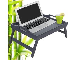 Candala Grijze bamboe bedlade tafel met handgrepen en opvouwbare poten, multifunctionele schootlade en staand bureau voor ontbijt in bed, bank, eten, schotels, werken, serveren, tekenen, laptopstandaard