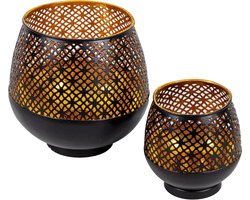 Candala heelichthouder Zwart Goud - Windlicht Eettafel Decoratie 2-delig Set - Theelichthouder van Metaal met Ornamenten - Metaal Decoratie Zwart - Tafeldecoratie Windlicht Zwart-10 x 9cm & 16 x 15cm
