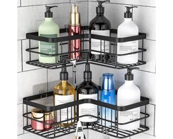 Candala Hoekdouche Caddy, zelfklevende doucheplanken zonder boren [2-pack], roestvrij stalen badkamer douche organizer met 8 haken (zwart)