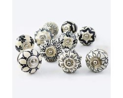 Candala Keramische Knoppen Vintage Zwart en Wit Handgeschilderde Pompoen en Ronde Keukenkastjes Laden Kasten Decoratieve Handgrepen Handgrepen Set van 10