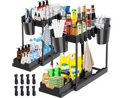 Candala Opslag onder de gootsteen, keuken, 2 niveaus, 2 stuks, rek met 8 haken en 4 hangende wastafels, lade-organizer
