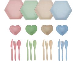 Candala plastic borden, herbruikbaar, bordenset kleurrijk met bestek en dipschalen, 16,6 cm, kinderborden, plastic, BPA-vrij, campingborden, kunststof, onbreekbare platte borden voor BBQ,