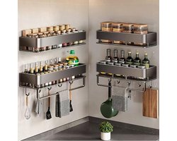 Candala rek voor aan de muur, metalen kruidenorganizer, grijs, keukenrek zonder boren, met 5 haken, kruidenstandaard, wandmontage, hangend kruidenrek, voor keukenrek, 40 cm