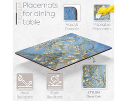 Candala Set van 4 hittebestendige kurkplacemats voor eettafel, met 4 bijpassende drankonderzetters, blauw, botanisch design, 40,6 x 30,5 cm, onderkant van kurk, harde placemats (amandelbloesem)