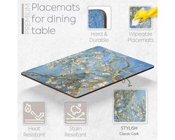 Candala Set van 4 hittebestendige kurkplacemats voor eettafel, met 4 bijpassende drankonderzetters, blauw, botanisch design, 40,6 x 30,5 cm, onderkant van kurk, harde placemats (amandelbloesem)