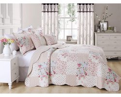 Candala Sprei, patchworkdeken, rozen in landelijke stijl, bedsprei in patchwork-design, 140 x 210 cm