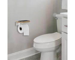 Candala Toiletrolhouder Wit Met Bamboe Plank Zonder Boren Zelfklevende Toiletpapierhouder 2 in 1 WC Rolhouder Met Boren Toilet Paper Holder
