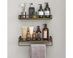 Candala Wandplank, set van 2, zwevende plank met stang, wandplank, opbergen, aan de muur, voor keuken, slaapkamer, woonkamer, vintage bruin-zwart LWS441B01