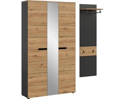 Canu, 165 x 190 x 37 cm, in Artisan eiken en basaltgrijs, 2-delige set van compacte garderobekast en wandpaneel, ruimtebesparende oplossing voor smalle en moderne gangen