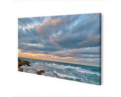 Canvas Afbeelding Kustbeeld - Wanddecoratie Natuur - Woonkamer Verfraaien - Echte Canvas Structuur - 80x40 cm - Rustgevend Blauw