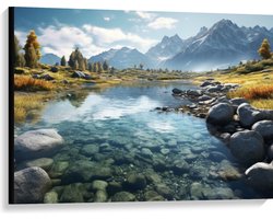 Canvas - Bergen - Rivier - Water - Stenen - 100x75 cm Foto op Canvas Schilderij (Wanddecoratie op Canvas)