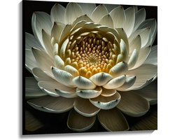 Canvas - Close Up Van Witte Waterlelie met Geel Midden op Donkere Achtergrond - Bloemen - 100x100 cm Foto op Canvas Schilderij (Wanddecoratie op Canvas)