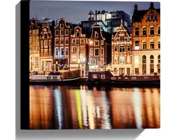 Canvas - De Grachten van Amsterdam in de Avond in Nederland - 30x30 cm Foto op Canvas Schilderij (Wanddecoratie op Canvas)