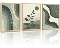 Canvas Muurkunst Ingelijst, Set van 3 Boho Abstract Geometrisch Canvas Foto's, Donkergroen Minimalistisch Botanisch Schilderij voor Woonkamer Slaapkamer Huis Muurdecoratie 30x40cmx3