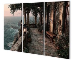 Canvas Muurschildering - Wanddecoratie Set - Woonkamer Aankleden - 3-delig Panorama - 130x80cm - Terras aan Zee