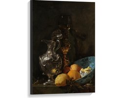 Canvas  - Oude meesters - Stilleven: zilveren kan & porseleinen kom, Willem Kalf - 60x90cm Foto op Canvas Schilderij (Wanddecoratie op Canvas)