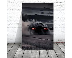 Canvas poster - Autoposter - Auto - Sportwagen - Dodge Challenger - Muscle car - Supercar - Donkere sportwagen met rook - 30x40 cm - Zonder lijst - Mancave - Trendy