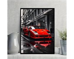 Canvas poster - Autoposter - Auto - Sportwagen - Ferrari F40 - Supercar - Hypercar - Rode sportwagen in stadsomgeving - 30x40 cm - Zonder lijst - Mancave - Trendy