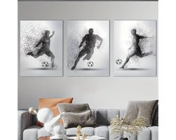 Canvas Poster - Canvas Poster Voetbal – 3 luik – Voetballer Silhouet – Sport Poster – Jongenskamer – Kinderkamer – Woonkamer – Wanddecoratie – Modern – Zwart Wit – Zonder Lijst – 30x40 – Sport Kunst – Geschenk – Interieur Decoratie