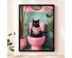 Canvas poster - Kat op het toilet - muurposter - binnenposter - katten- muur poster - Kado - ZONDER LIJST - 20x30 cm - Posters - Vintage posters - Trendy