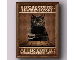 Canvas poster - Kattenposter - Koffieposter - Before coffee I hate everyone - muurposter - binnenposter - katten - muur poster - Kado - Zonder lijst - Posters - Vintage posters - Trendy