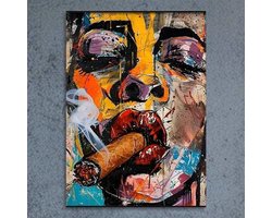 Canvas poster met lijst - Abstract portret - Cuban sigar - Street art vrouw - Kleurrijke graffiti kunst - Moderne wanddecoratie - 30x40 cm - met lijst - Ingelijst - trendy