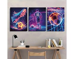 Canvas poster set – 3 posters – Voetbal poster – Gaming style – Neon art – Jongenskamer – Meisjeskamer – Gamer room decor – Playstation – Xbox – Sport p - binnenposter - muur poster - Voetbal - Kado - Zonder lijst - Posters - Vintage posters - Trendy