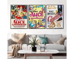 Canvas poster set – Disney poster – Alice in Wonderland – Cinderella – Classic movies – Retro film posters – Kinderkamer – Woonkamer decoratie – Vintage art – Filmklassiekers – Trendy wanddecoratie