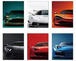 Canvas poster set van 6 - Autoposter - Auto - Aston Martin - Ferrari - Lamborghini - McLaren - Porsche 911 - Supercar - Sportwagen - Hypercar - 20x25 cm - Hard karton - Zonder lijst - Mancave - Trendy
