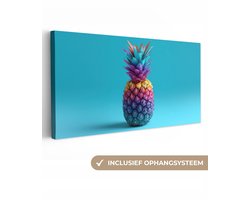 Canvas schilderij 100x50 cm - Exclusieve wanddecoratie Ananas - Regenboog - Blauw - Popart - Muurdecoratie accessoires - Keuken decoratie muur - Schilderijen op canvas