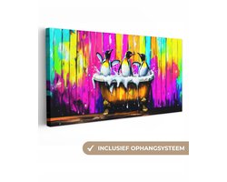 Canvas schilderij 100x50 cm - Exclusieve wanddecoratie Pinguïns - Badkuip - Kleurrijk - Schuim - Muurdecoratie woonkamer - Slaapkamer decoratie - Kamer accessoires - Schilderijen op canvas