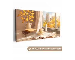 Canvas schilderij 100x50 cm - Exclusieve wanddecoratie Thee - Boek - Thee - Herfst - Muurdecoratie woonkamer - Slaapkamer decoratie - Kamer accessoires - Schilderijen op canvas