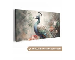 Canvas schilderij 100x50 cm - Pauw vogel - Kamer decoratie accessoires jungle - Schilderijen woonkamer bloemen - Wanddecoratie vogels slaapkamer - Muurdecoratie keuken - Wanddoek interieur binnen - Woondecoratie huis