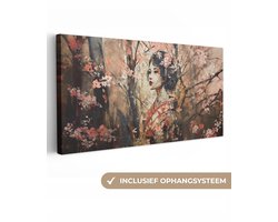 Canvas schilderij 100x50 cm - Wanddecoratie Kimono - Vrouw - kersenbomen - Muurdecoratie woonkamer - Slaapkamer decoratie - Kamer accessoires - Schilderijen op canvas