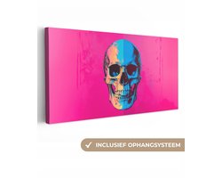 Canvas schilderij 100x50 cm - Wanddecoratie Neon - Blauw - Pop-art - Schedel - Muurdecoratie woonkamer - Slaapkamer decoratie - Kamer accessoires - Schilderijen op canvas