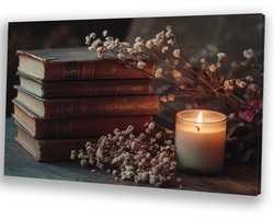 Canvas schilderij 100x75 cm - Vintage boeken en kaars - Boeken canvas kunst - Canvasdoek - Stilleven - Decoratie industrieel - Canvas schilderijen woonkamer