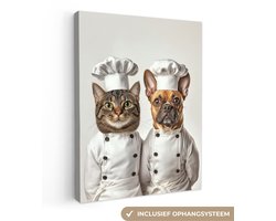 Canvas schilderij 120x160 cm - Exclusieve wanddecoratie Kat - Hond - Kokskleding - Muurdecoratie woonkamer - Slaapkamer decoratie - Kamer accessoires - Schilderijen op canvas