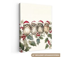 Canvas schilderij 120x160 cm - Exclusieve wanddecoratie Uilen - Tak - Hulstblaadjes - Kerstmuts - Muurdecoratie woonkamer - Kamer decoratie - Schilderijen op canvas - Kerstdecoratie voor binnen - Kerstversiering - Kerstmis versiering
